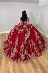 Julie | Shop Elegant Red Quince Dresses with Gold Accents - Flawless Ball Gowns - Red - PromDressClub